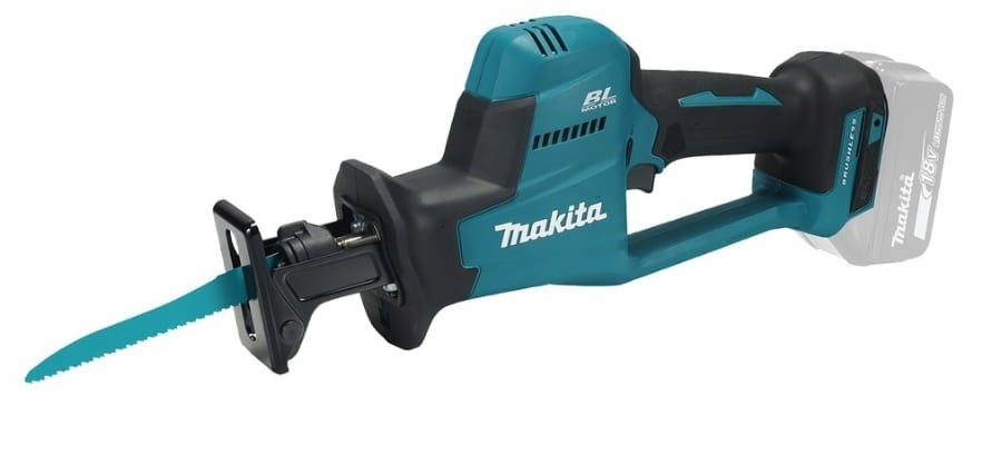Makita DJR189Z 18V z zamontowanym brzeszczotem - widok z boku