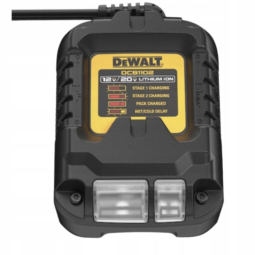 Widok z góry na styki ładowarki DeWalt - obsługa 12V i 18V XR