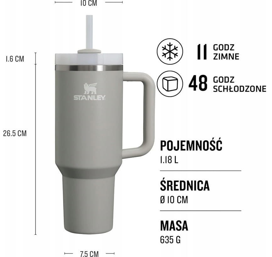Kubek Próżniowy Ze Słomką Trzyma Zimno SZARY STANLEY QUENCHER H2.O 1.18L