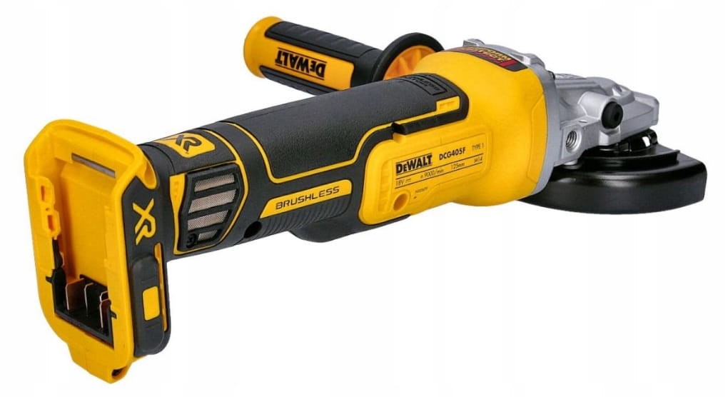dewalt dcg405fn tył urządzenia z uchwytem akumulatora
