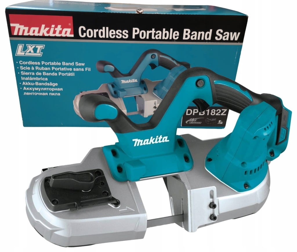 Makita DPB182Z przecinarka taśmowa 18V zestaw widok z pudełkiem