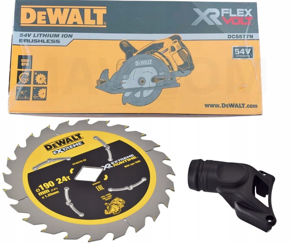 DeWalt DCS577N z tarczą 190mm i adapterem do odkurzacza