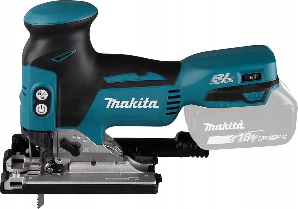 Makita DJV181Z z zamontowaną osłoną i króćcem do odkurzacza