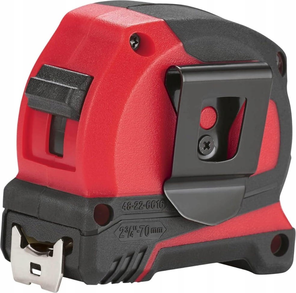 Tył miary Milwaukee 5m - widoczny solidny druciany klips do paska