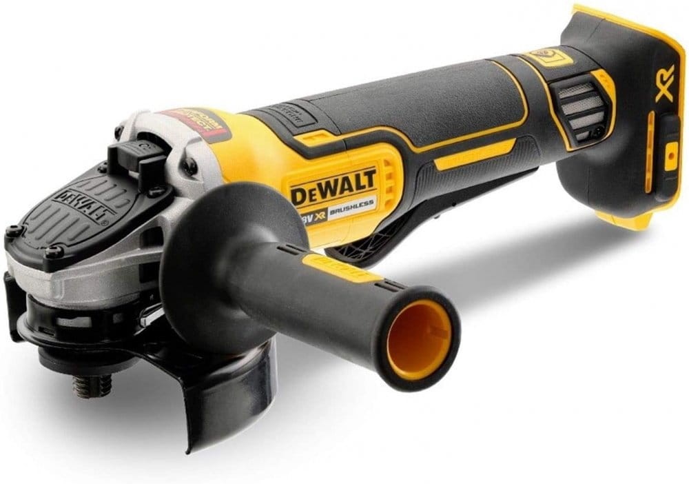 Szlifierka kątowa DeWalt DCG406N - widok na włącznik łopatkowy pod korpusem