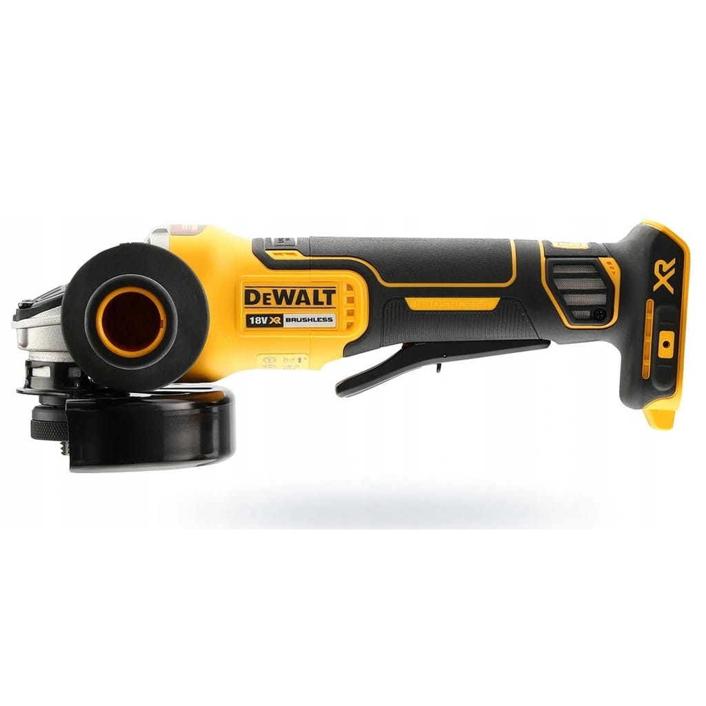 Profil szlifierki DeWalt DCG406N - widoczne siatki ochronne na wlotach powietrza