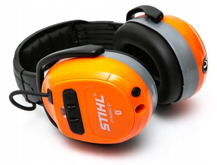 Panel sterowania Bluetooth w słuchawkach Stihl - przyciski głośności i parowania