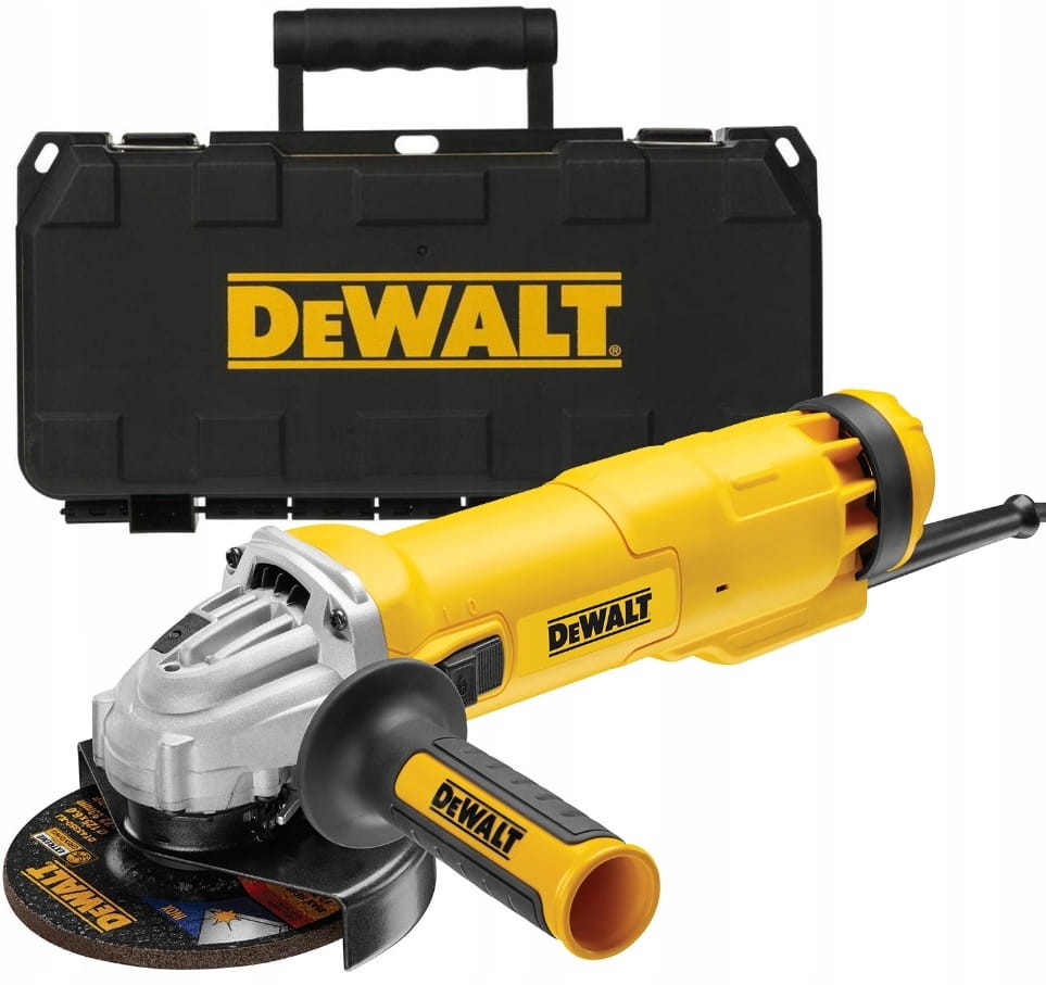 Szlifierka kątowa DeWalt DWE4207K z otwartą walizką transportową