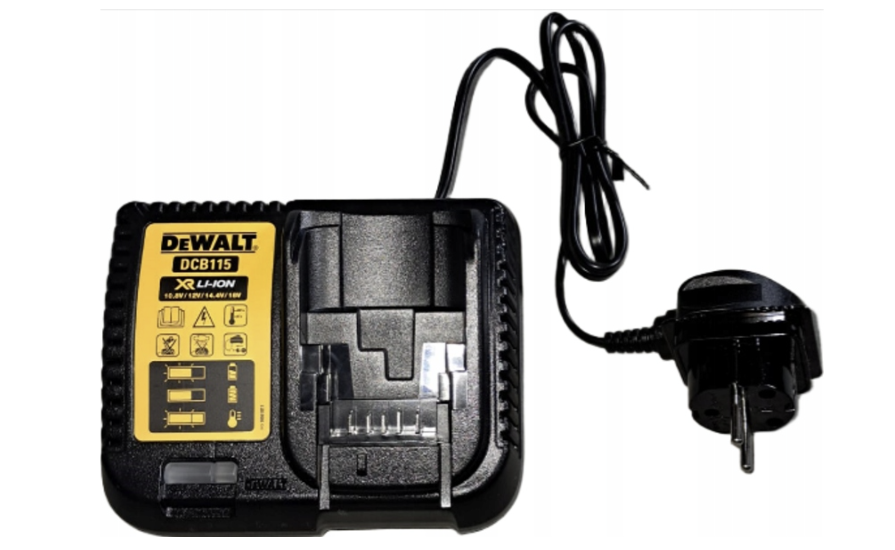 Szybka ładowarka DeWalt DCB115 żółta do akumulatorów XR 10.8V-18V - widok z przodu z diodą diagnostyczną LED