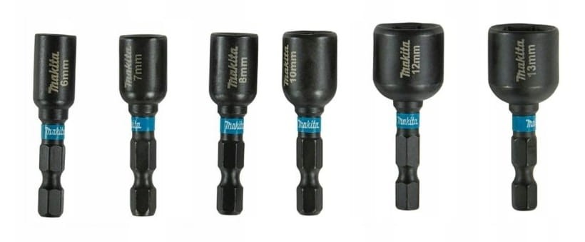 Sześć czarnych nasadek udarowych Makita od 6mm do 13mm z uchwytem Hex