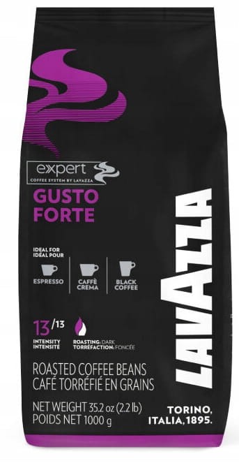Tylna etykieta kawy Lavazza Gusto Forte z opisem profilu smakowego