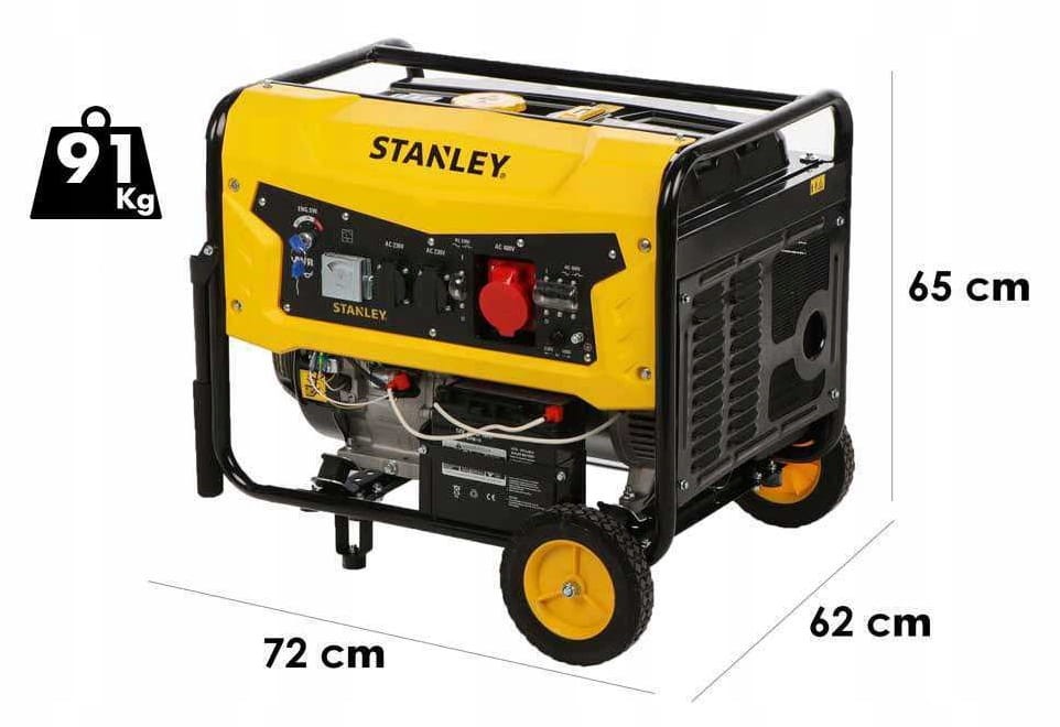 Agregat Stanley SG7500 - infografika z wymiarami i wagą 91kg