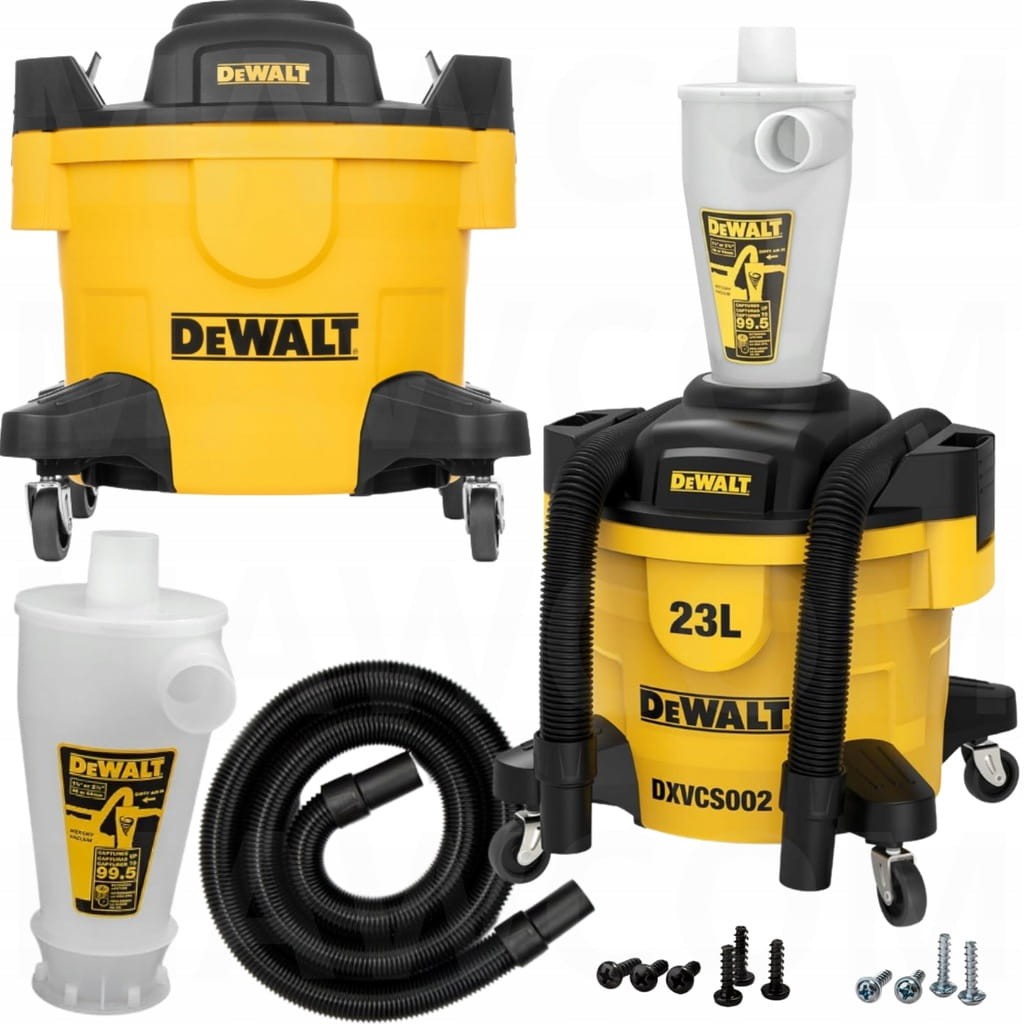 Separator cyklonowy DeWalt DXVCS002 podłączony wężem do odkurzacza przemysłowego