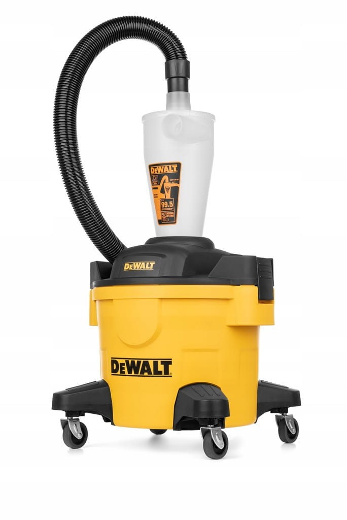 Samodzielny separator pyłu DeWalt na kółkach - żółty zbiornik 23L i czarna głowica