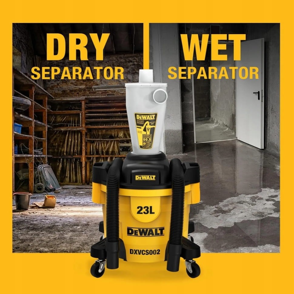 Grafika funkcjonalna: Separator DeWalt do pracy na sucho (Dry) i mokro (Wet)