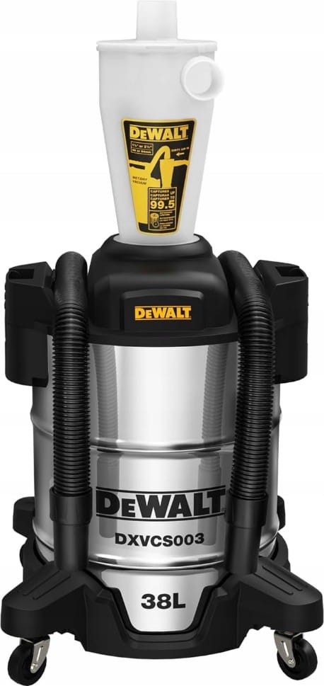 Front stalowego separatora DeWalt 38L na kółkach - widoczne logo DeWalt na korpusie INOX i podłączony wąż