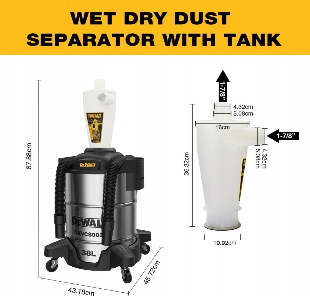 Wymiary separatora DeWalt DXVCS003: wysokość całkowita 97.9 cm, szerokość podstawy 51.5 cm - wersja stalowa Wet/Dry