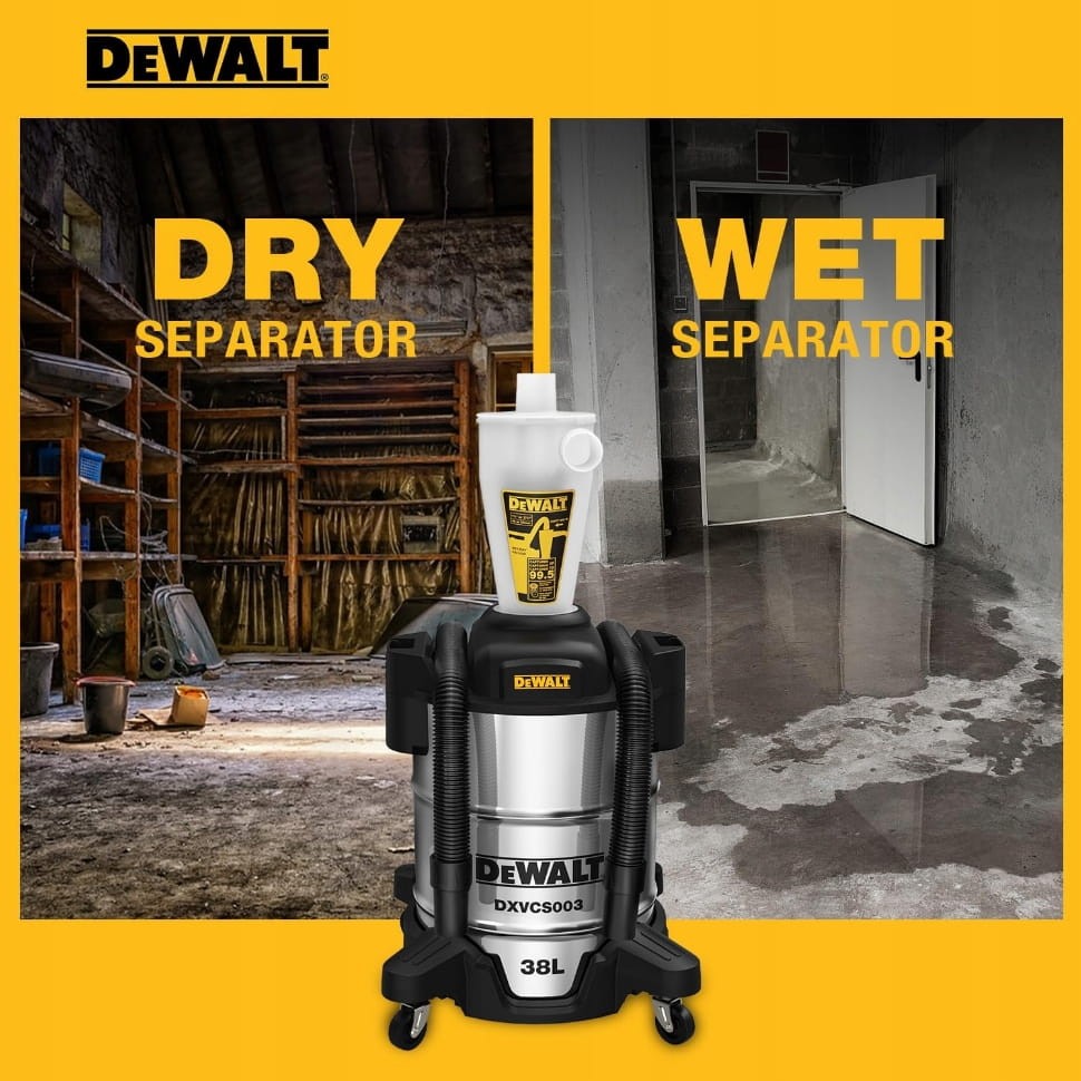 Dwa tryby pracy separatora DeWalt INOX: jako Dry Separator w warsztacie stolarskim i Wet Separator do zbierania wody z podłogi