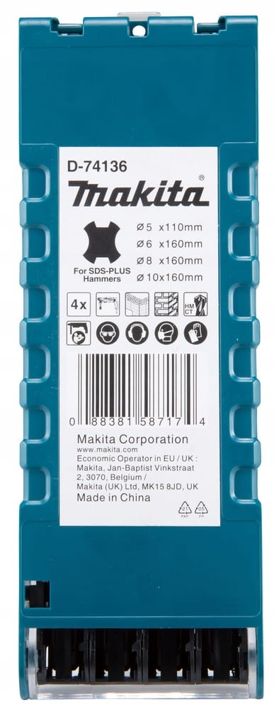 Specyfikacja wierteł SDS-PLUS Makita D-74136 na tyle opakowania - długości 110mm i 160mm