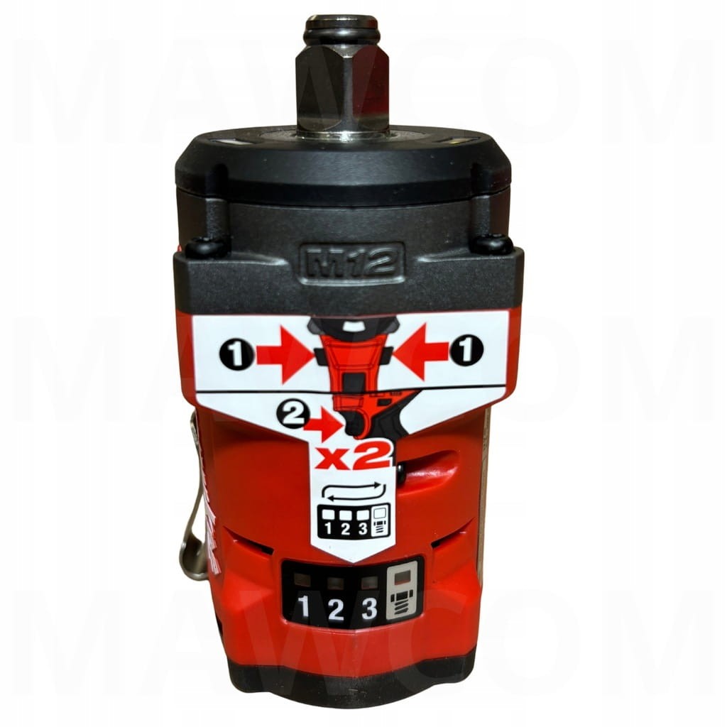 Schemat trybów pracy na obudowie klucza Milwaukee M12 Gen 3 Stubby