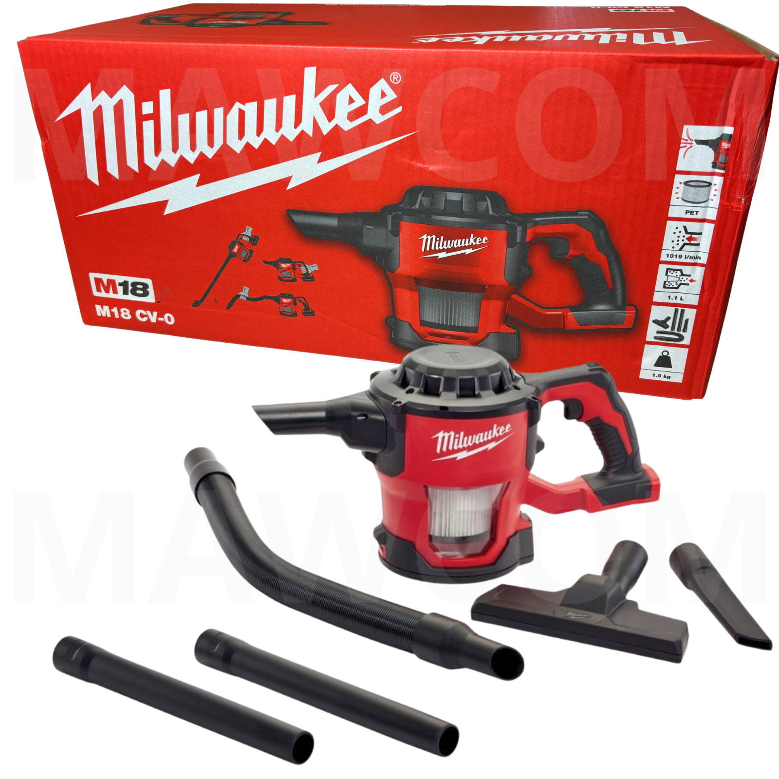 Odkurzacz akumulatorowy Milwaukee M18 CV-0 z pełnym zestawem ssawek i rur