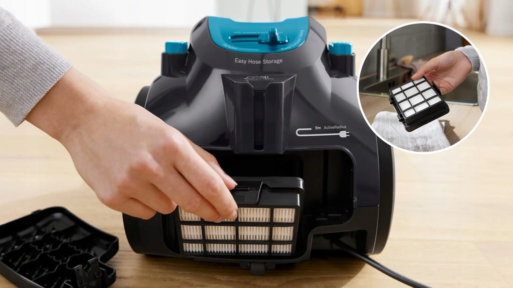 Dostęp do filtra zmywalnego PureAir w odkurzaczu Bosch