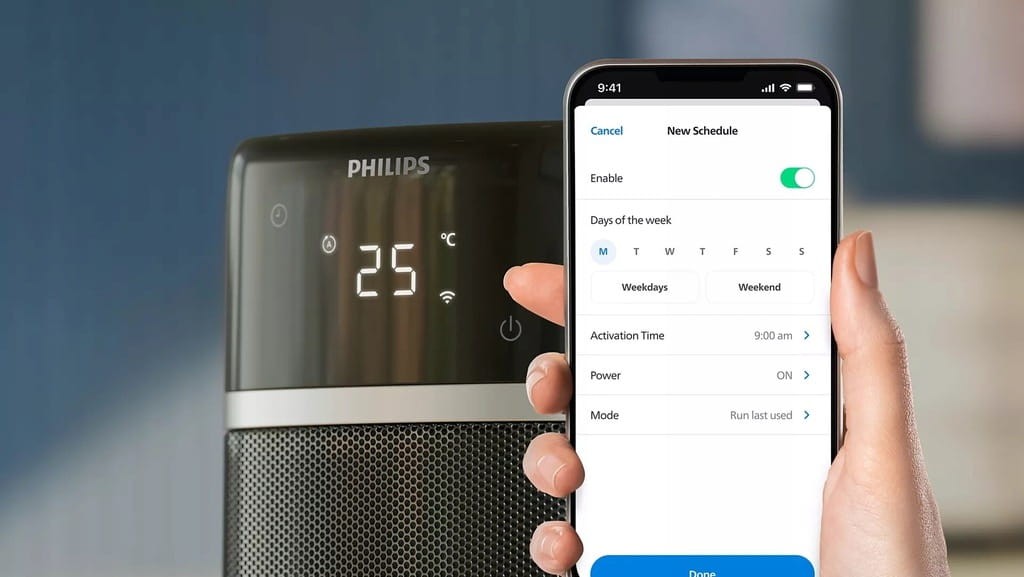 Interfejs aplikacji Philips Air+ sterowanie grzejnikiem