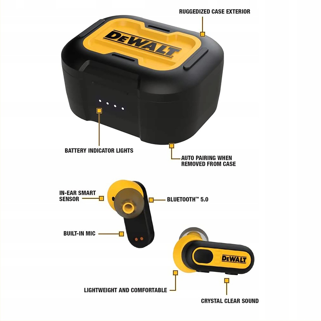 SŁUCHAWKI DOUSZNE EARBUDS Z MIKROFONEM DEWALT Bluetooth 5.0 IPx6 do 36h