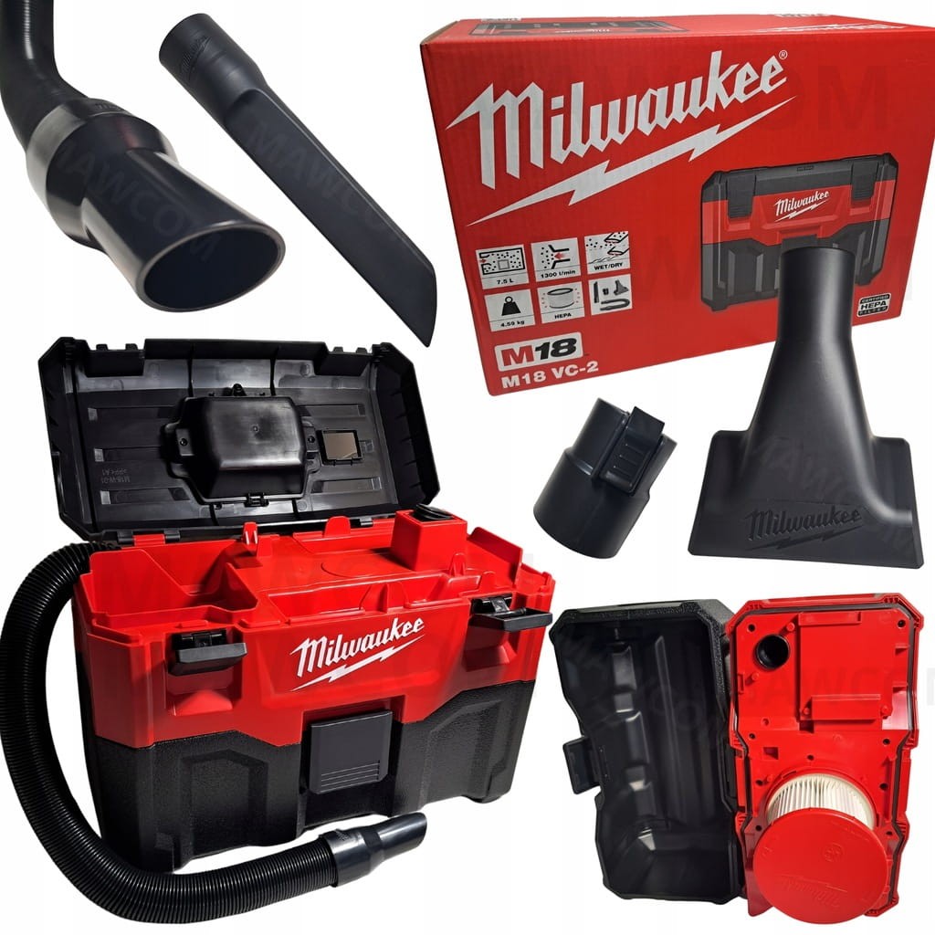 Otwarty odkurzacz Milwaukee M18 VC2 - widok na schowek i miejsce na akumulator