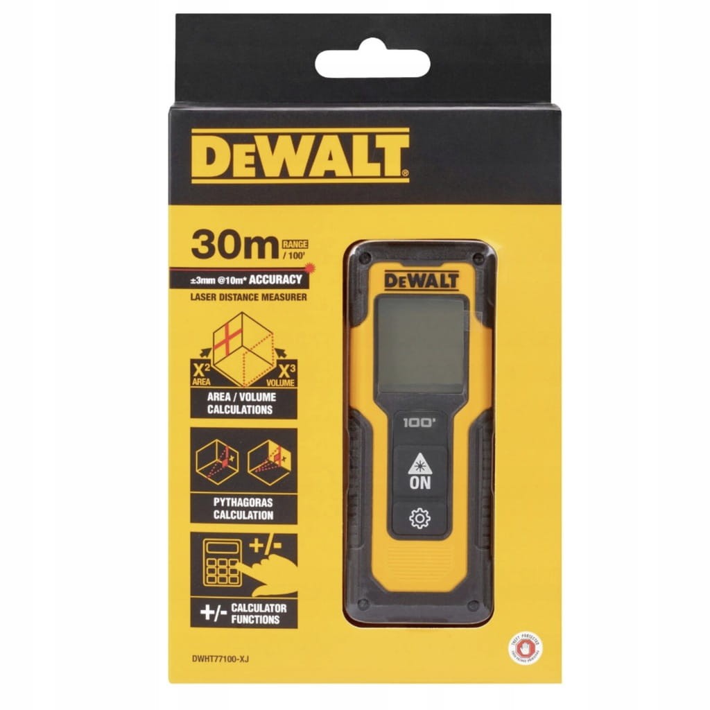 Front opakowania miarki laserowej DeWalt - widoczny zasięg 30 metrów