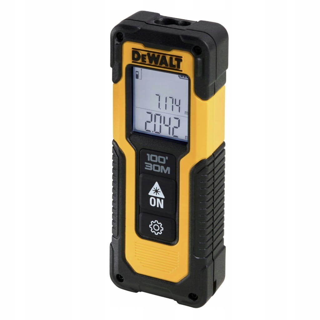 Kompaktowy dalmierz DeWalt DWHT77100 - widok 3/4 na ekran i przyciski