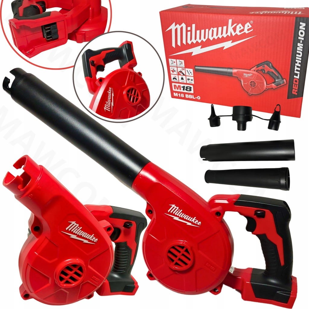 Zestaw dmuchawy Milwaukee M18 BBL-0 z kompletem dysz i pudełkiem