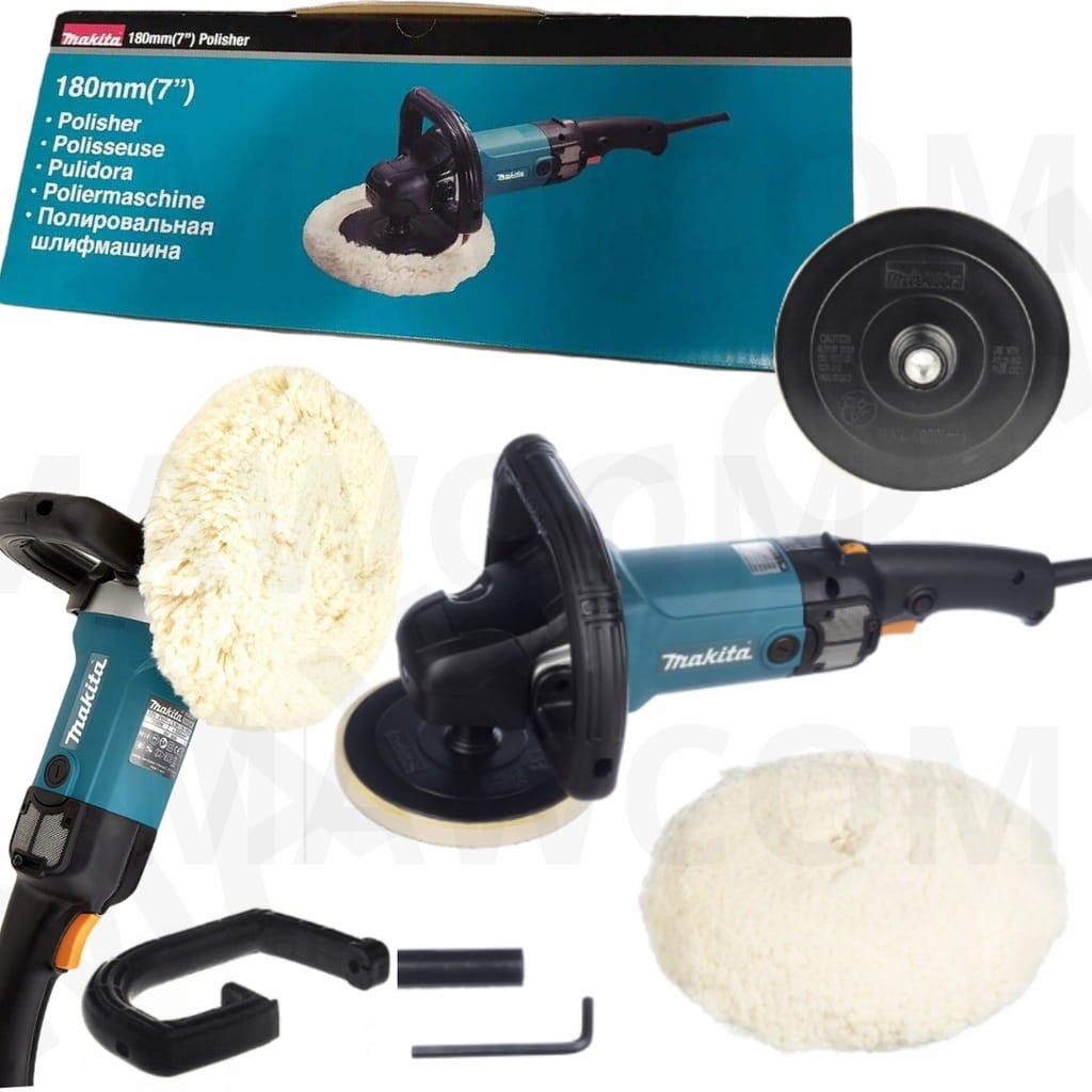 Polerka Makita 9237CB - zestaw z talerzem, futrem wełnianym i uchwytem