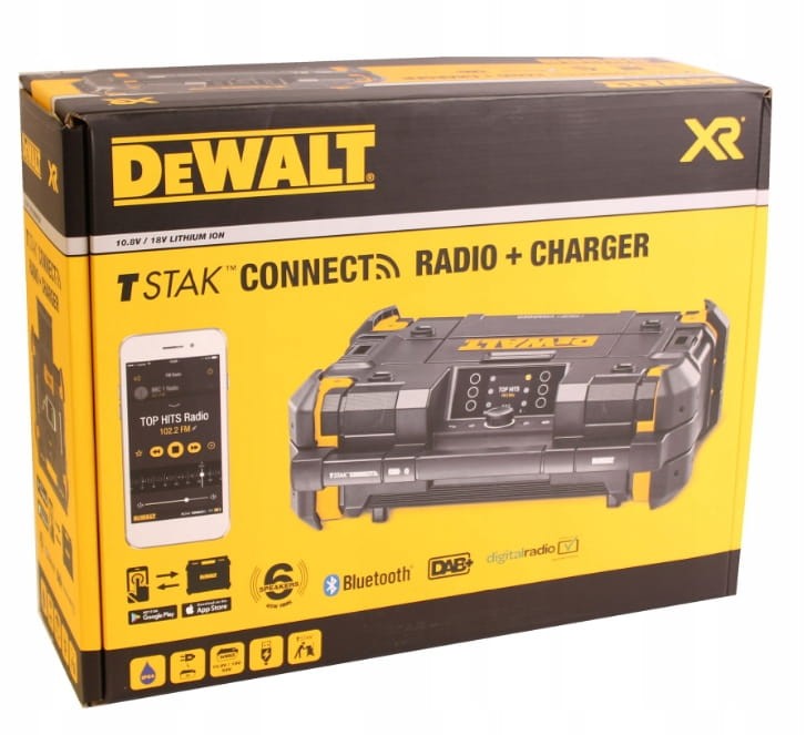 Opakowanie radia DeWalt TSTAK Connect Radio + Charger z funkcjami