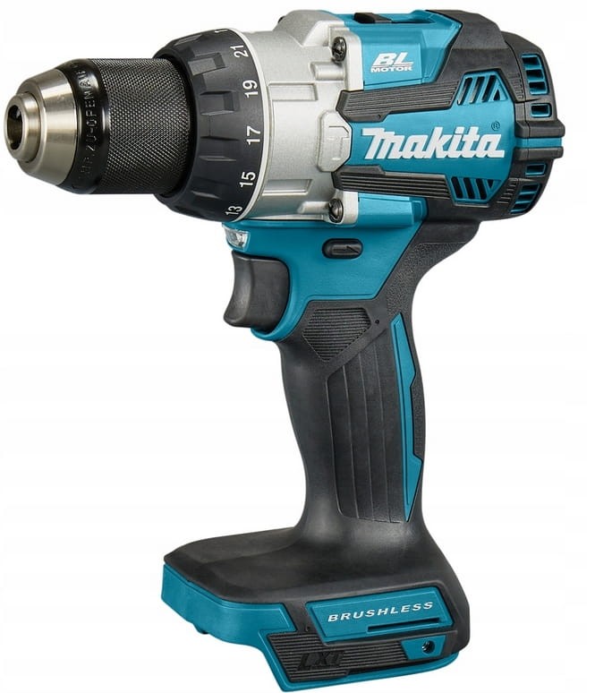 Wiertarko-wkrętarka Makita DHP489Z 73Nm - widok z boku, metalowa przekładnia