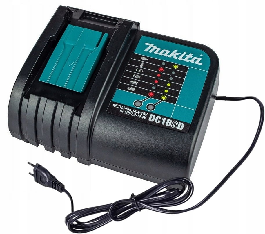 Ładowarka Makita DC18SD w porównaniu z akumulatorem - widok kompletu