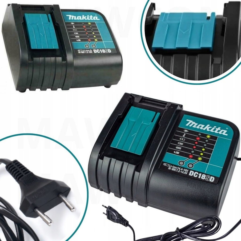Ładowarka Makita DC18SD 18V standardowa cicha - widok z kablem zasilającym