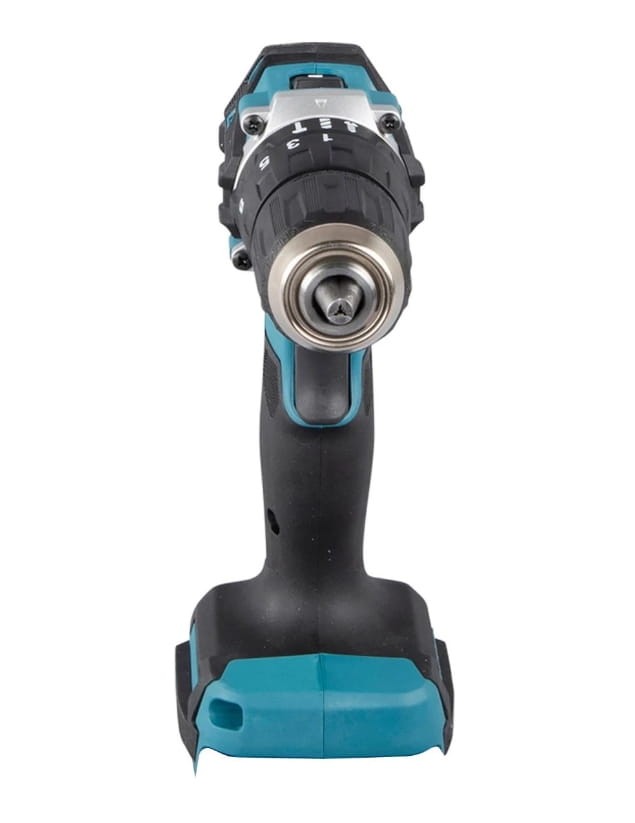Widok z przodu na uchwyt wiertarski 13mm i diody LED w Makita DHP487