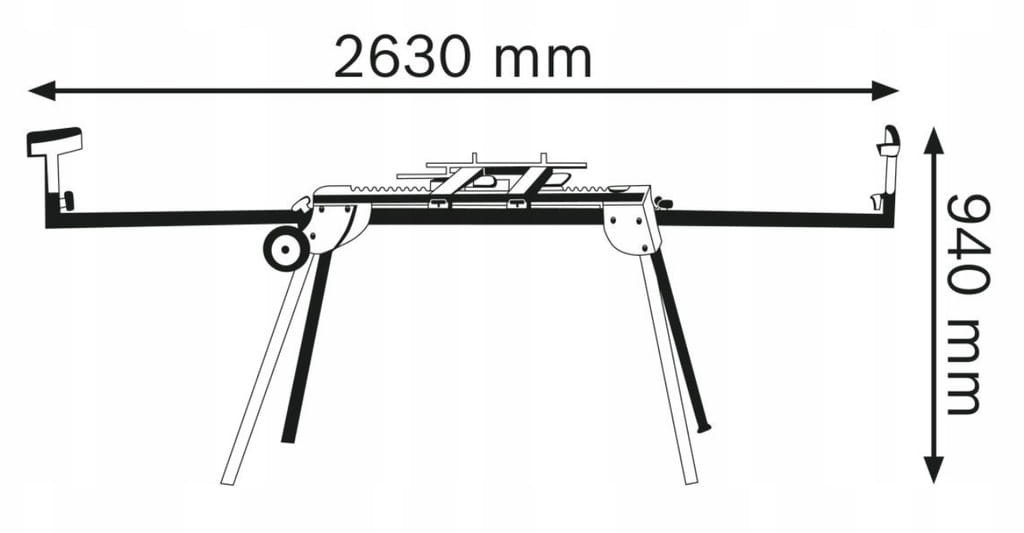 Schemat wymiarów stołu Bosch GTA 2600 - maksymalna długość 2630 mm
