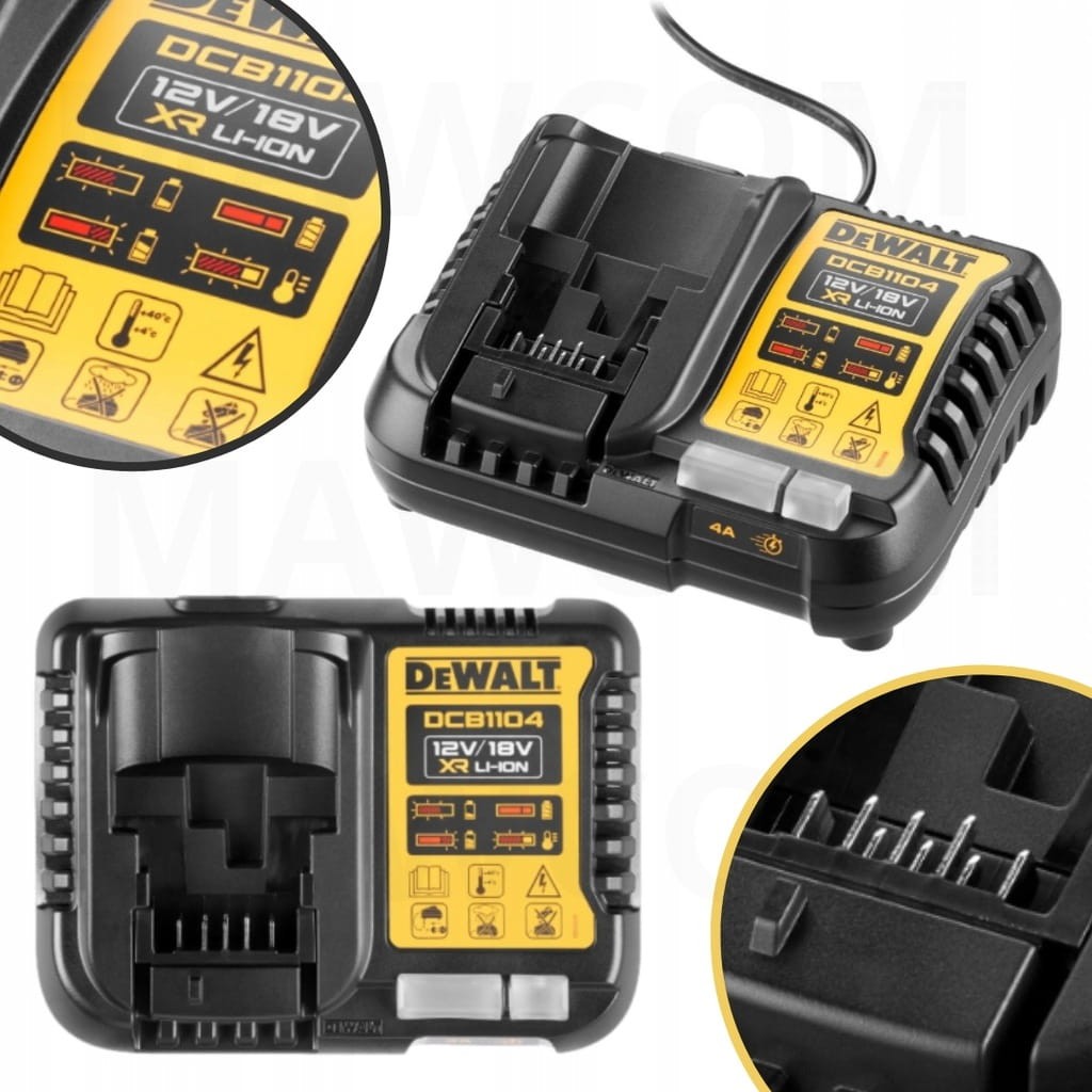Nowa ładowarka DeWalt DCB1104 4A - widok z góry z pudełkiem