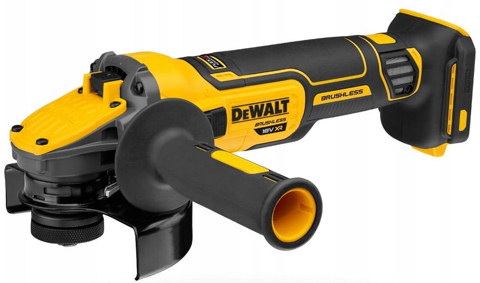 Szlifierka DeWalt DCG409 w pozycji bocznej - widoczny długi korpus i rączka
