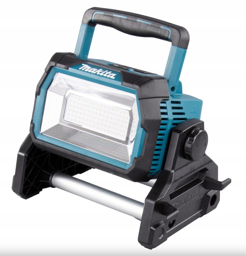 Lampa Makita DML809 widok z przodu pod kątem - widoczny uchwyt i podstawa