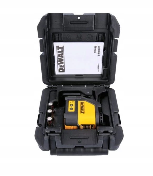 Wnętrze walizki do lasera DeWalt z miejscem na baterie i uchwyt