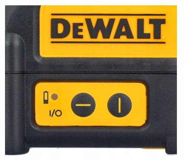 Dwa przyciski sterujące i wskaźnik baterii na górze lasera DeWalt