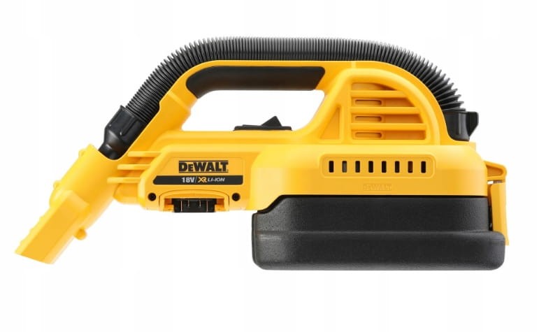 Odkurzacz DeWalt DCV517N - widok z boku, ergonomiczny uchwyt i filtr HEPA wewnątrz
