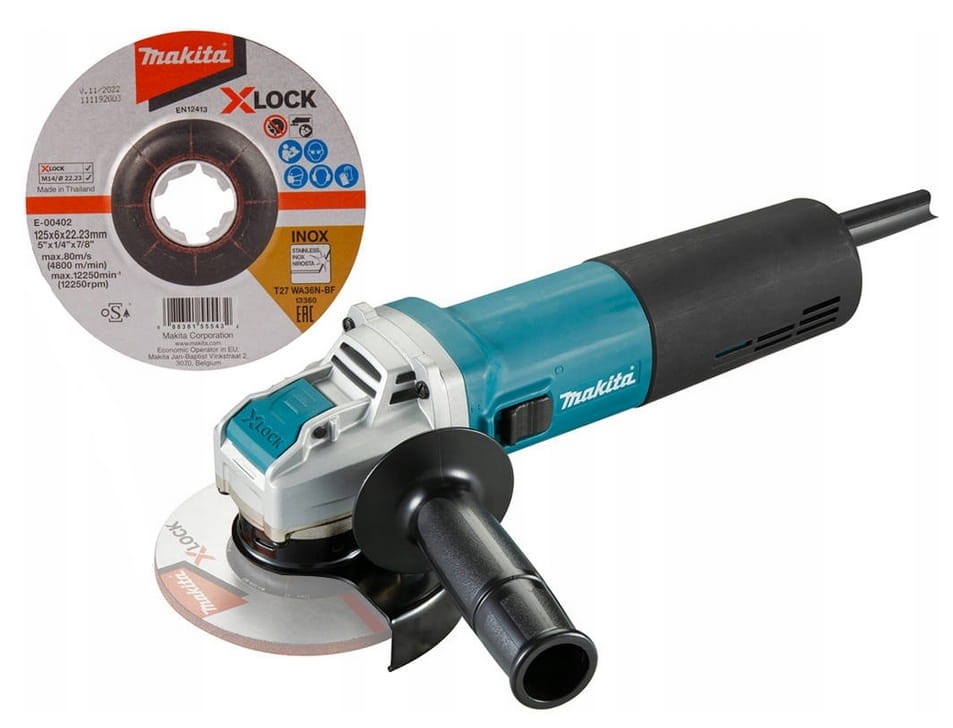 Profil boczny szlifierki Makita GA5080 z widoczną tarczą X-LOCK i osłoną