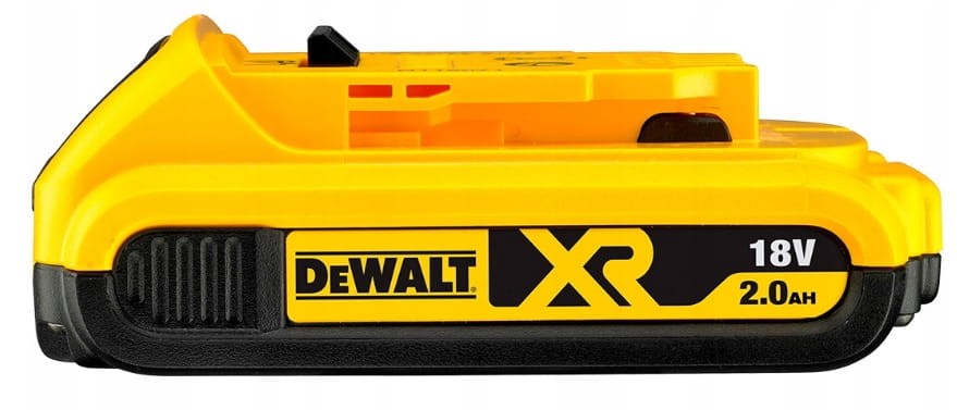 Kompaktowa bateria DeWalt XR 2.0Ah - widok przycisku testu naładowania i styków