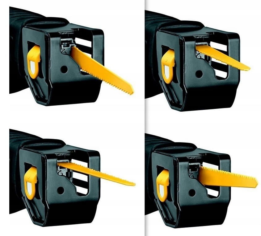 Schemat 4-pozycyjnego mocowania brzeszczotu w pile DeWalt DCS380 (cięcie poziome i pionowe)