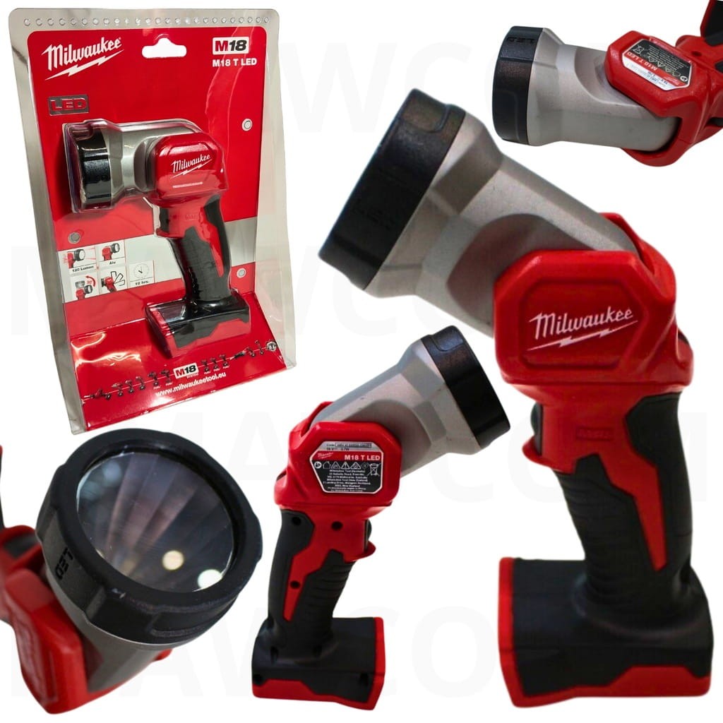 Zestaw latarka Milwaukee M18 TLED-0 w oryginalnym blistrze z widocznym akumulatorem (poglądowo)
