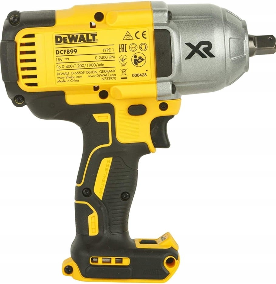 Profil boczny klucza DeWalt DCF899N - ergonomiczna rękojeść i slot akumulatora